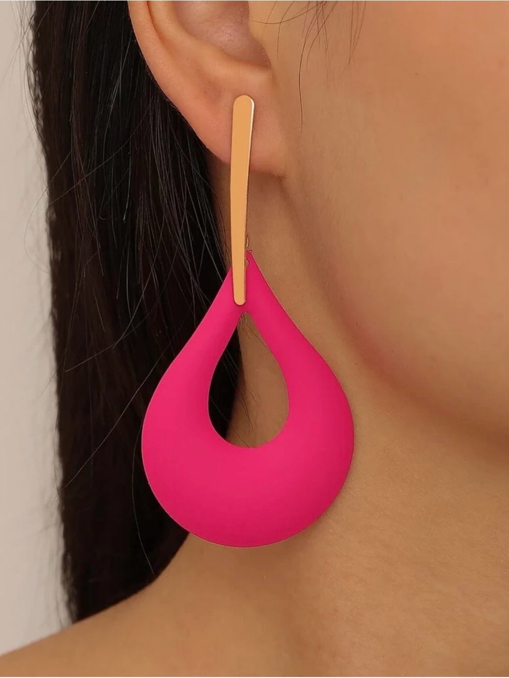 Gold Bar Hot Pink Teardrop Dangle Earrings